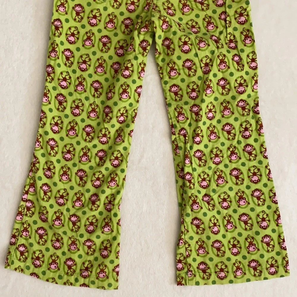 CR Kids | Lightweight Corduroy Wide Leg Monkey Print Pants Green/Brown/Pink (5)